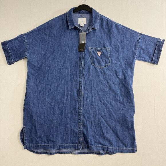 Guess Denim Longline Shirt Dress Women Oversize Small Light Medium Wash $98 NWT - Picture 1 of 9